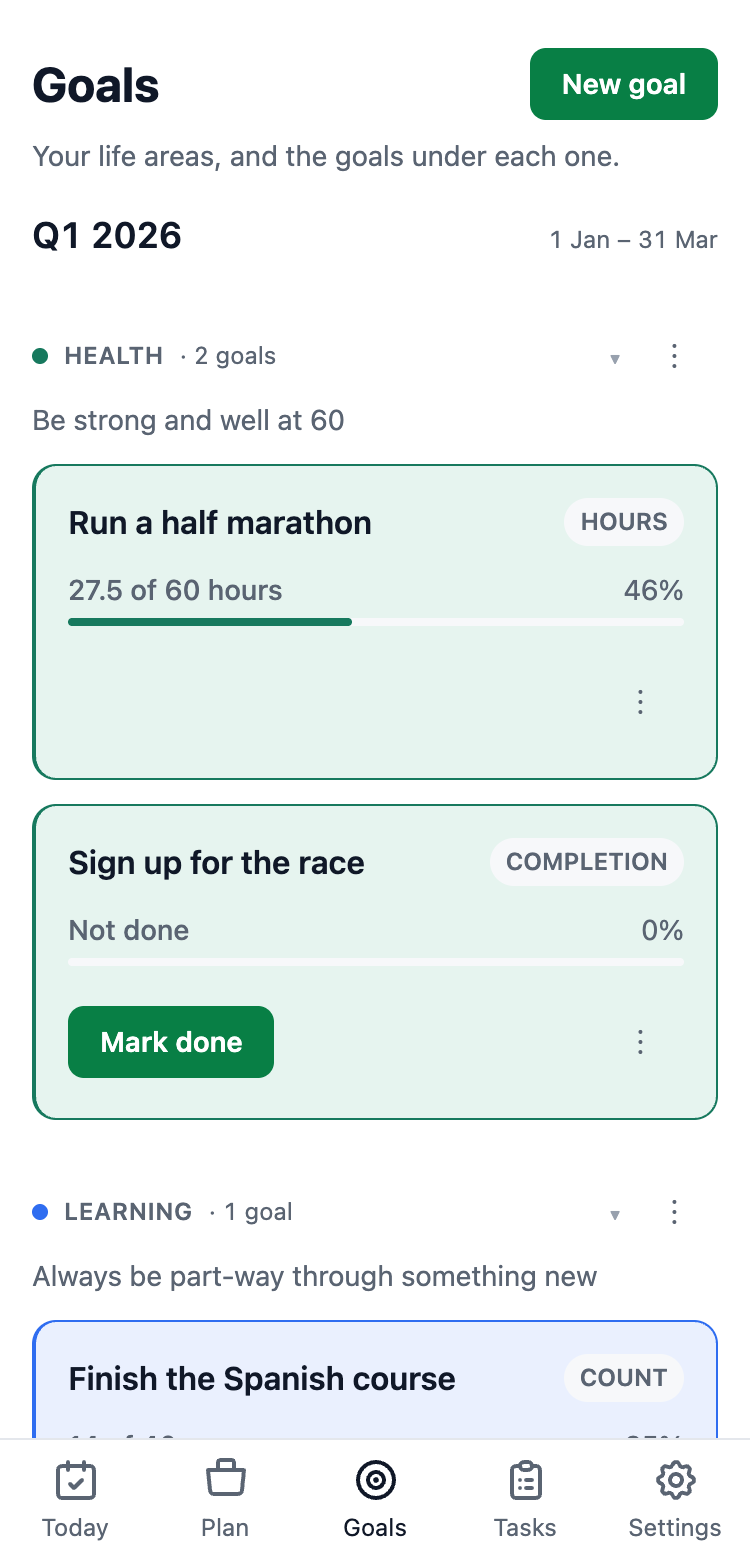 The Goals screen on a phone: Q1 2026, a Health area reading "Be strong and well at 60" with a half marathon goal 46 per cent done, and a Learning area below it.